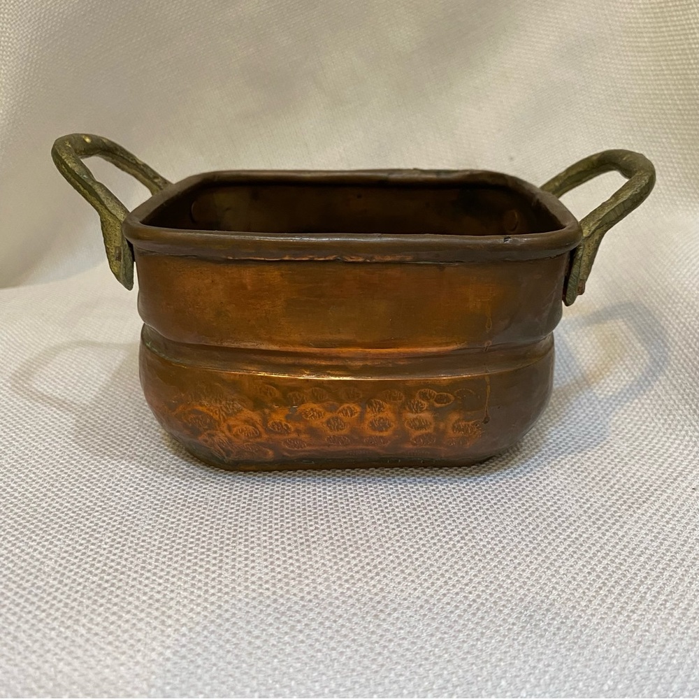 Vintage Hammered Copper Pot With Brass Handles Rectangular Planter Tub Patina